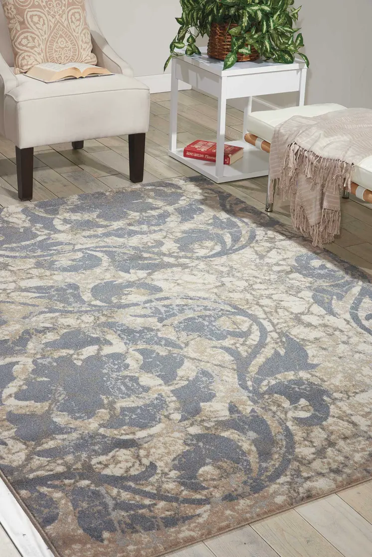 4' X 6' Ivory Tan and Slate Gray Floral Distressed Area Rug