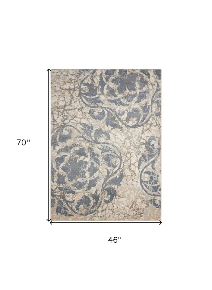 4' X 6' Ivory Tan and Slate Gray Floral Distressed Area Rug