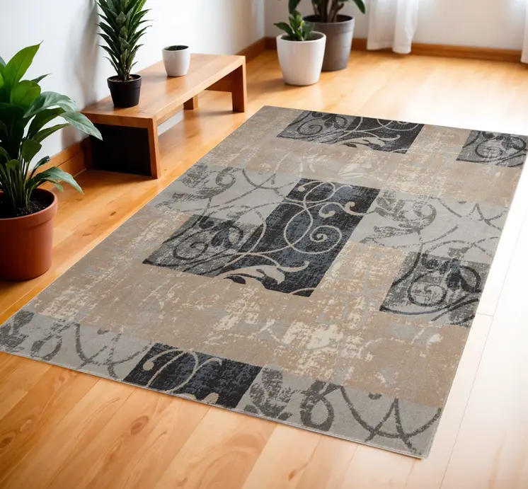 4' X 6' Tan Black and Ivory Floral Vines Area Rug