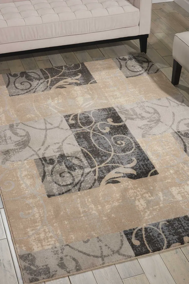 4' X 6' Tan Black and Ivory Floral Vines Area Rug