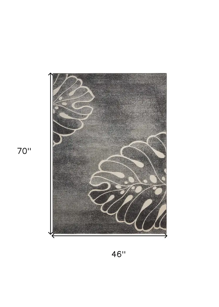 4' X 6' Ivory Black and Gray Botanical Leaves Area Rug