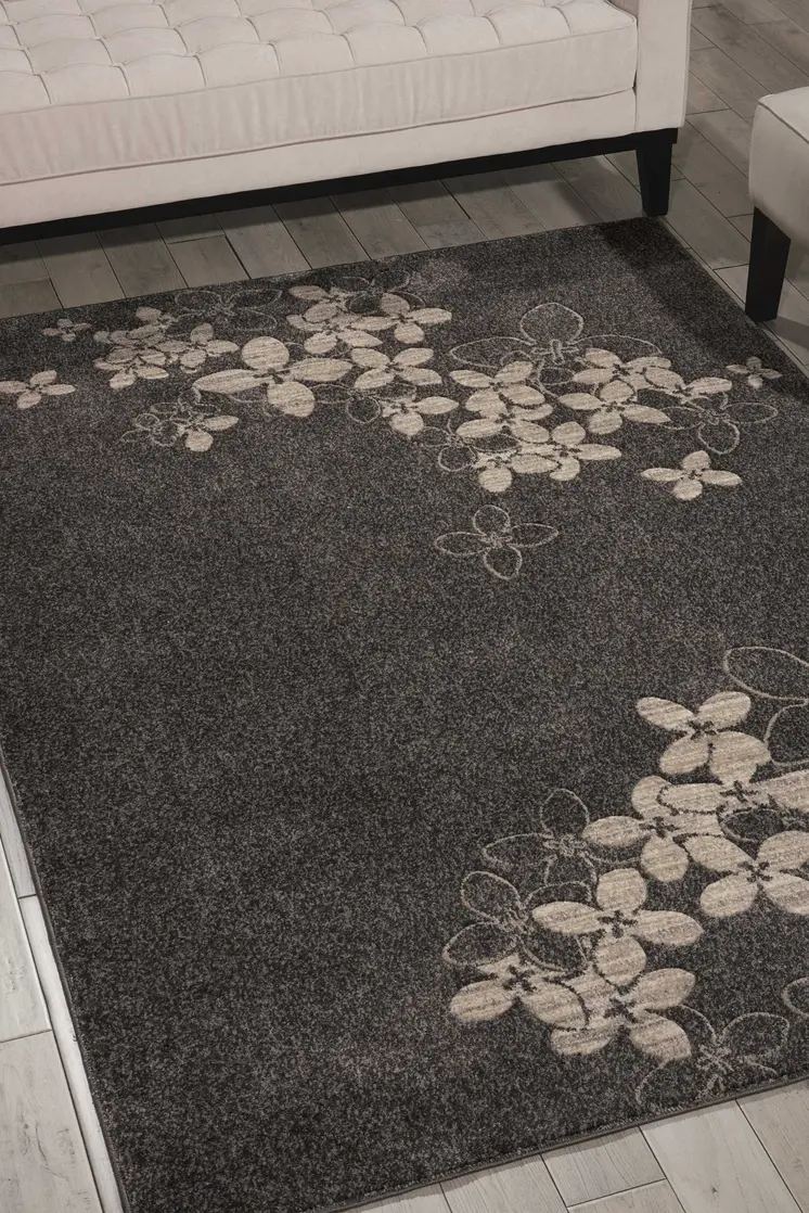 4' X 6' Beige and Charcoal Floral Area Rug