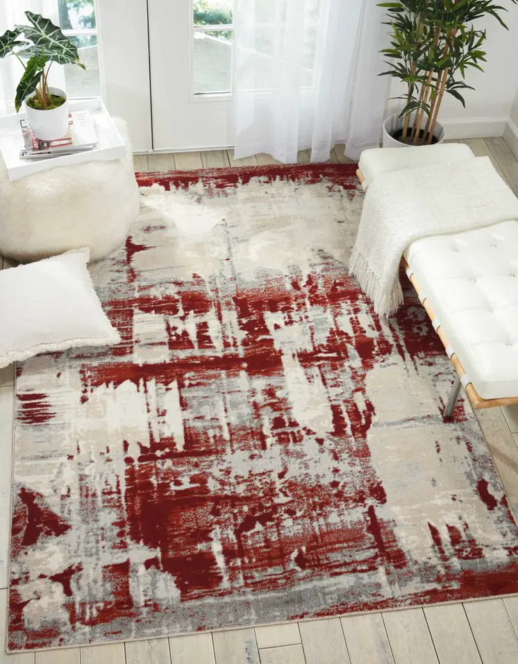 4' X 6' Ivory Red and Gray Abstract Area Rug