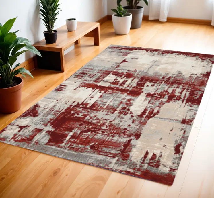 4' X 6' Ivory Red and Gray Abstract Area Rug
