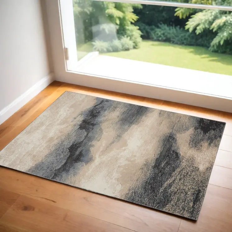 2' X 4' Gray Black and Beige Abstract Area Rug