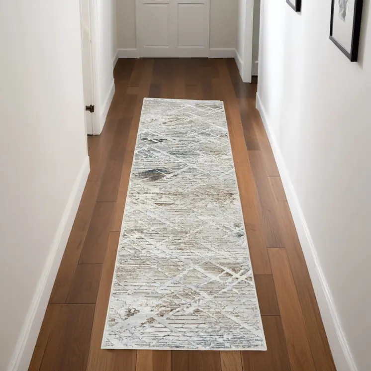 8' Ivory Black and Gray Abstract Non Skid Runner Rug