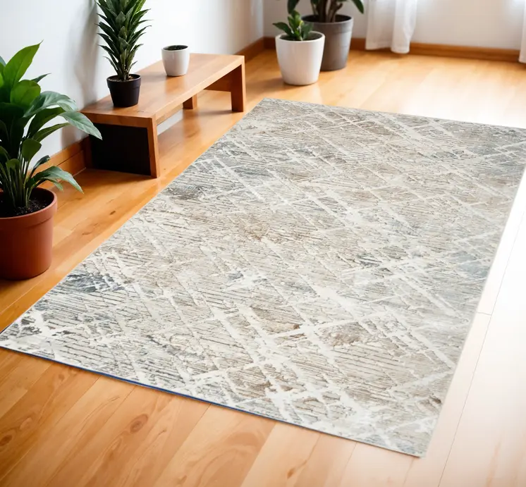 4' X 6' Ivory Black and Gray Abstract Non Skid Area Rug