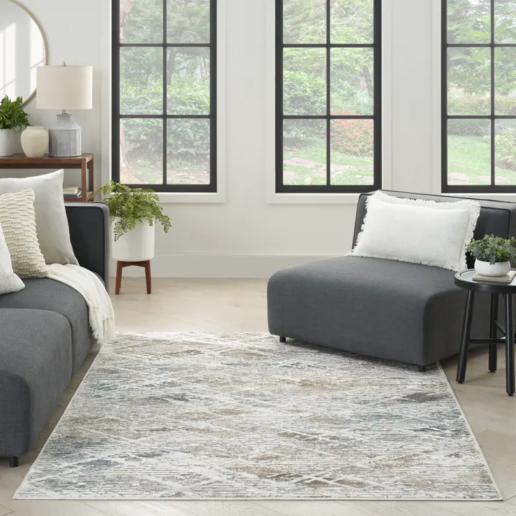 4' X 6' Ivory Black and Gray Abstract Non Skid Area Rug