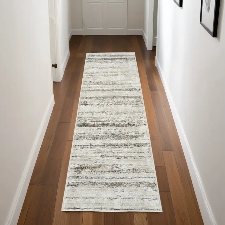 8' Cream and Gray Abstract Non Skid Runner Rug