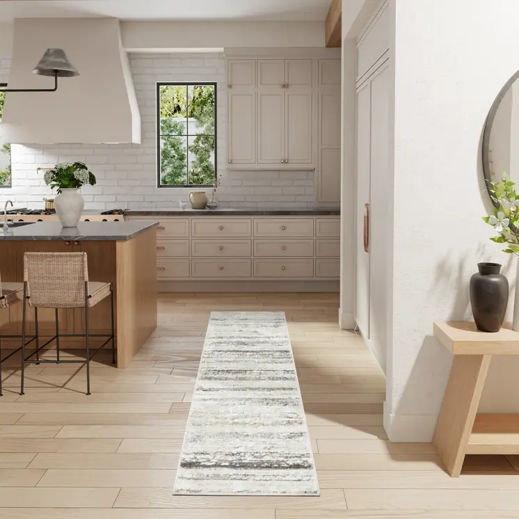 8' Cream and Gray Abstract Non Skid Runner Rug