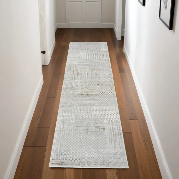 8' Ivory Silver and Gray Abstract Non Skid Runner Rug