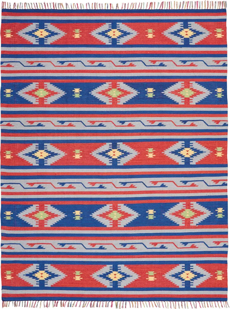 8' X 10' Blue Southwestern Handmade Area Rug With Fringe