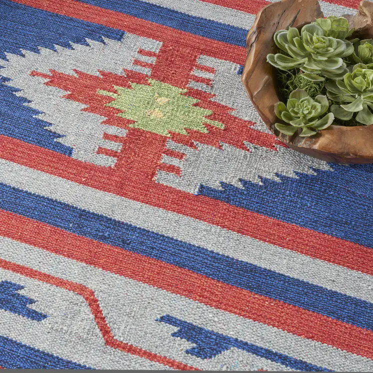 8' X 10' Blue Southwestern Handmade Area Rug With Fringe