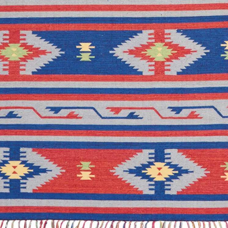 8' X 10' Blue Southwestern Handmade Area Rug With Fringe
