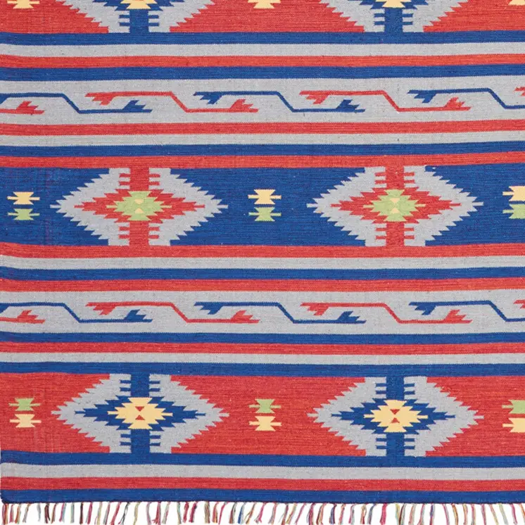 8' X 10' Blue Southwestern Handmade Area Rug With Fringe