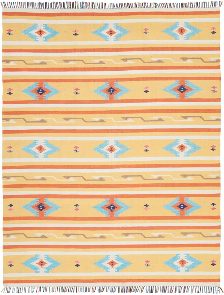 8' X 10' Yellow and Orange Southwestern Handmade Area Rug With Fringe