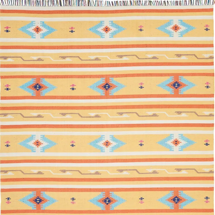 8' X 10' Yellow and Orange Southwestern Handmade Area Rug With Fringe