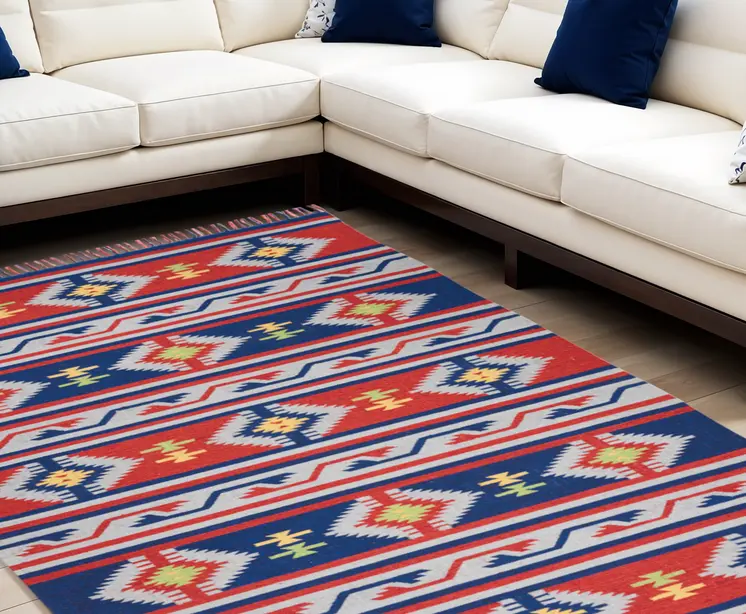 7' X 10' Blue Southwestern Handmade Area Rug With Fringe