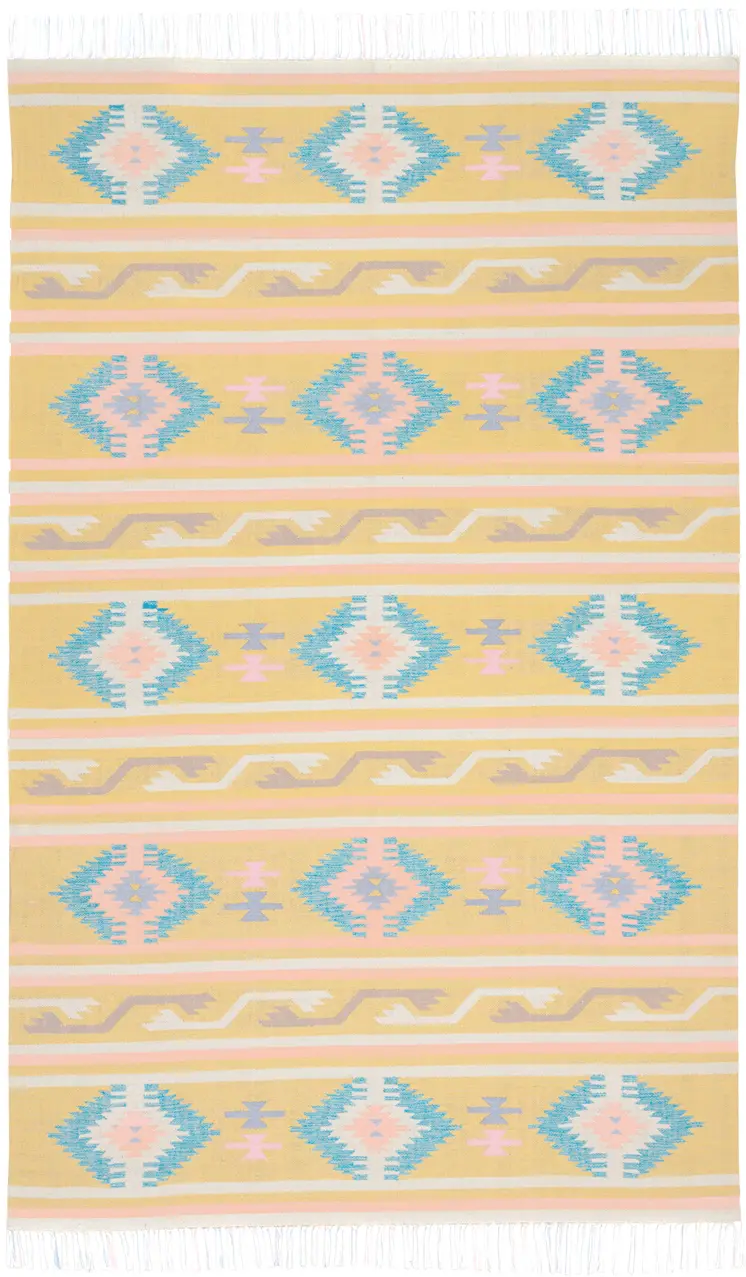 7' X 10' Blue and Yellow Southwestern Handmade Area Rug With Fringe