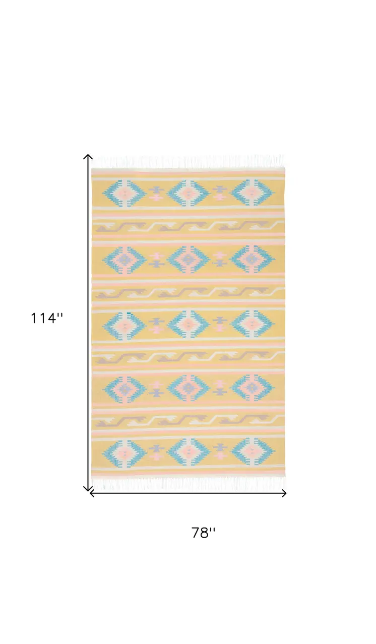 7' X 10' Blue and Yellow Southwestern Handmade Area Rug With Fringe