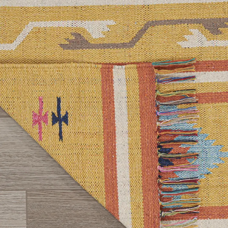 7' X 10' Blue and Yellow Southwestern Handmade Area Rug With Fringe
