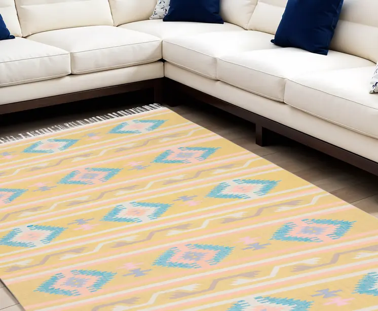 7' X 10' Blue and Yellow Southwestern Handmade Area Rug With Fringe