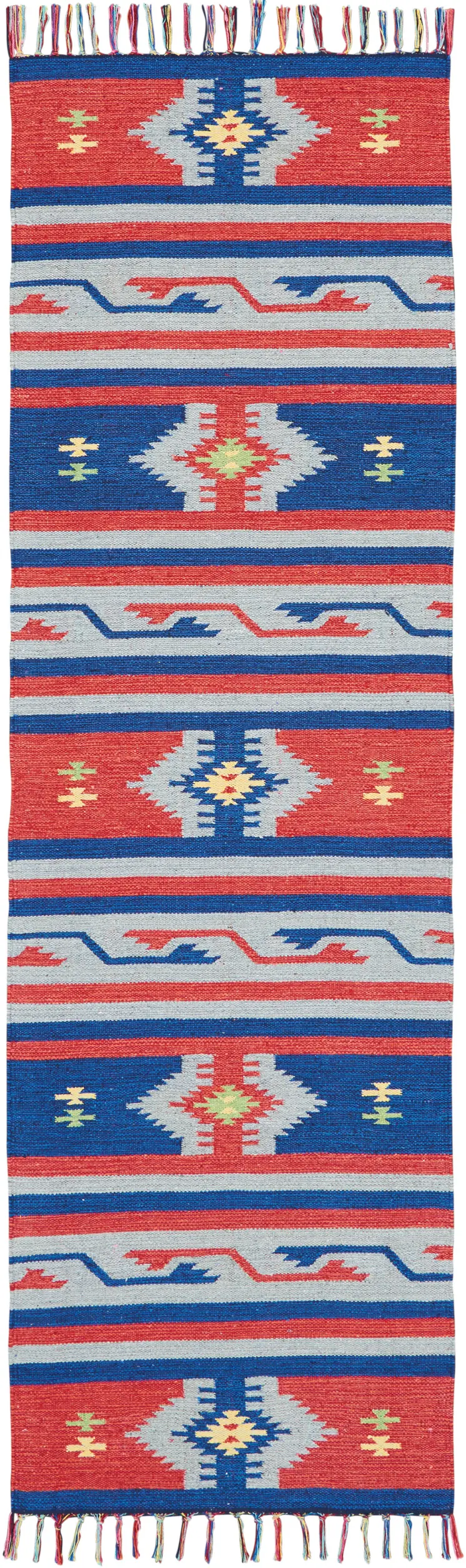 8' Blue And Red Southwestern Handmade Runner Rug With Fringe