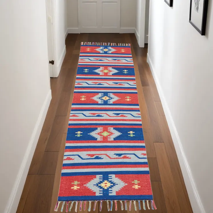 8' Blue And Red Southwestern Handmade Runner Rug With Fringe