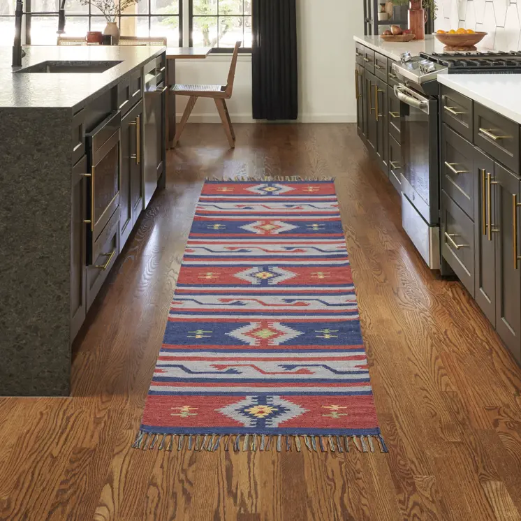 8' Blue And Red Southwestern Handmade Runner Rug With Fringe