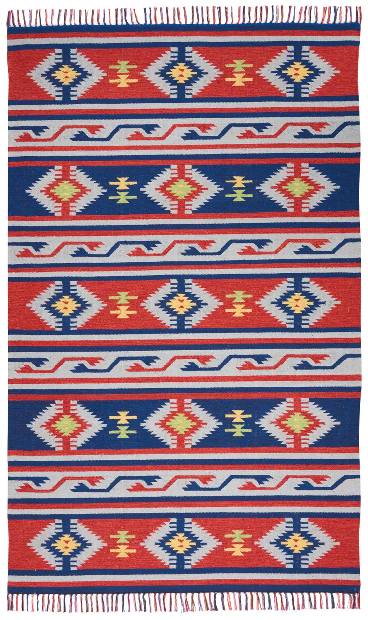 5' X 7' Blue and Red Southwestern Handmade Area Rug With Fringe