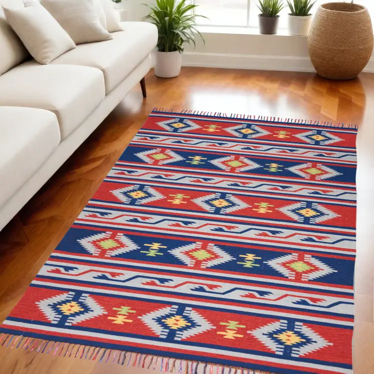 5' X 7' Blue and Red Southwestern Handmade Area Rug With Fringe