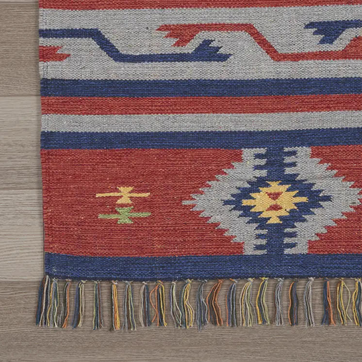 5' X 7' Blue and Red Southwestern Handmade Area Rug With Fringe