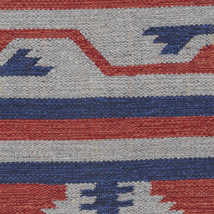 5' X 7' Blue and Red Southwestern Handmade Area Rug With Fringe