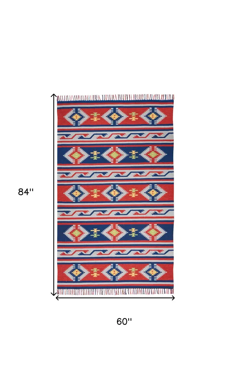 5' X 7' Blue and Red Southwestern Handmade Area Rug With Fringe