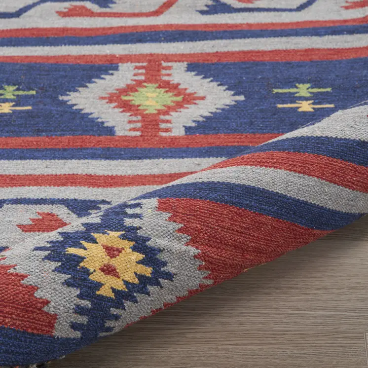 5' X 7' Blue and Red Southwestern Handmade Area Rug With Fringe