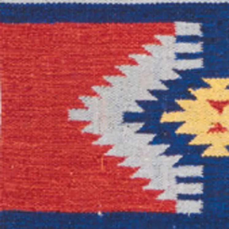 5' X 7' Blue and Red Southwestern Handmade Area Rug With Fringe
