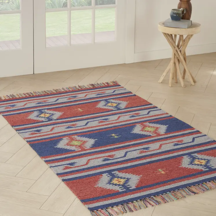 4' X 6' Blue and Red Southwestern Handmade Area Rug With Fringe