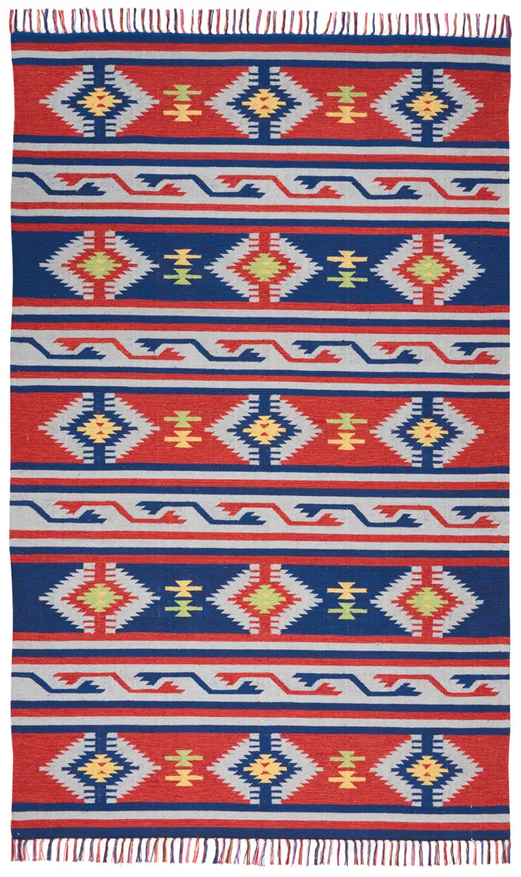 4' X 6' Blue and Red Southwestern Handmade Area Rug With Fringe