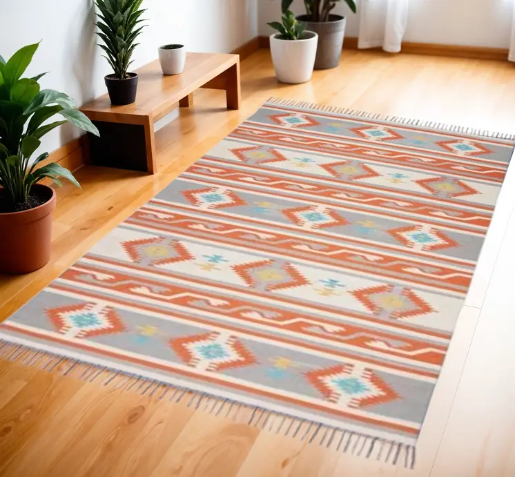 4' X 6' Orange Southwestern Handmade Area Rug With Fringe
