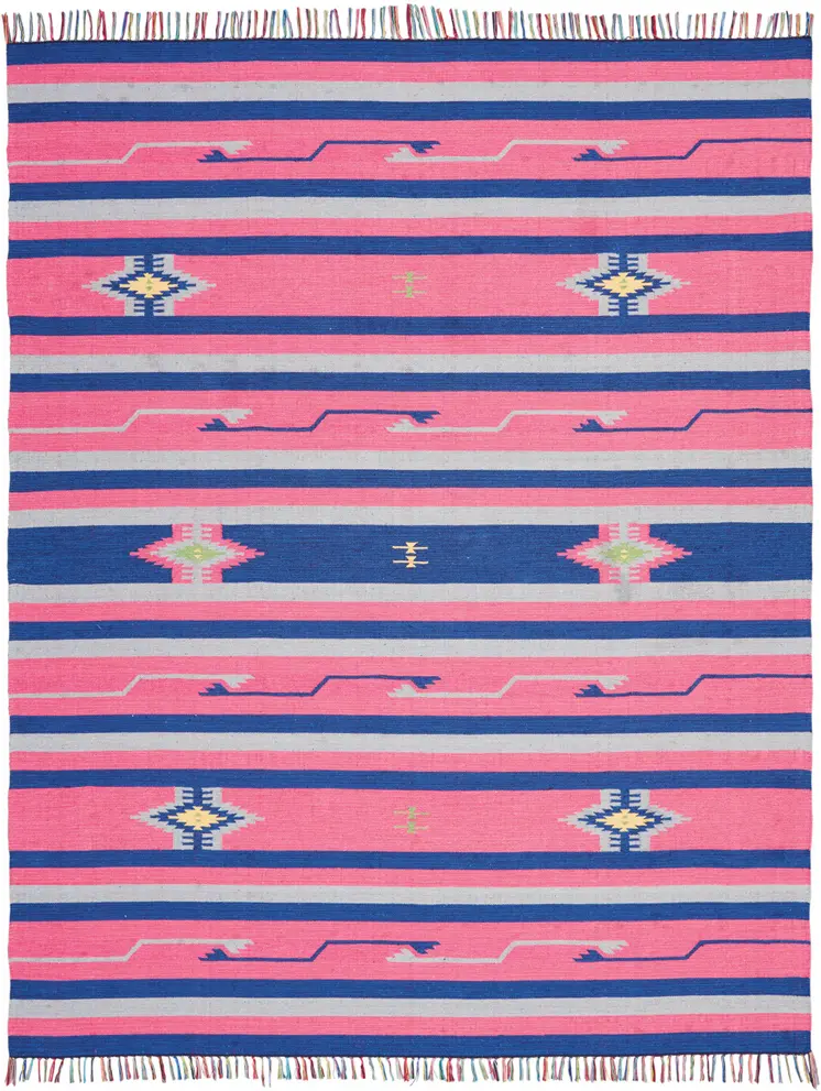 8' X 10' Pink and Blue Southwestern Handmade Area Rug With Fringe