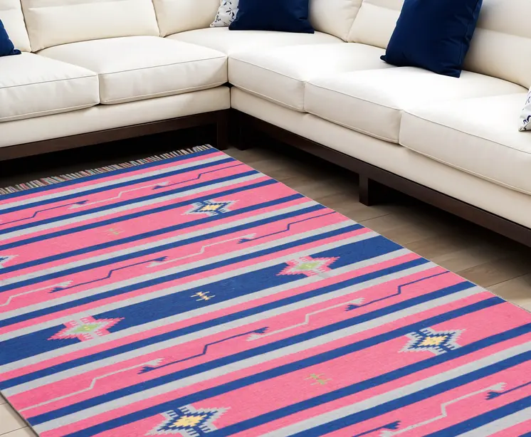 8' X 10' Pink and Blue Southwestern Handmade Area Rug With Fringe