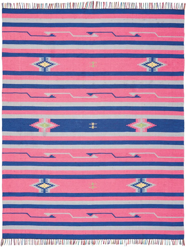 8' X 10' Pink and Blue Southwestern Handmade Area Rug With Fringe
