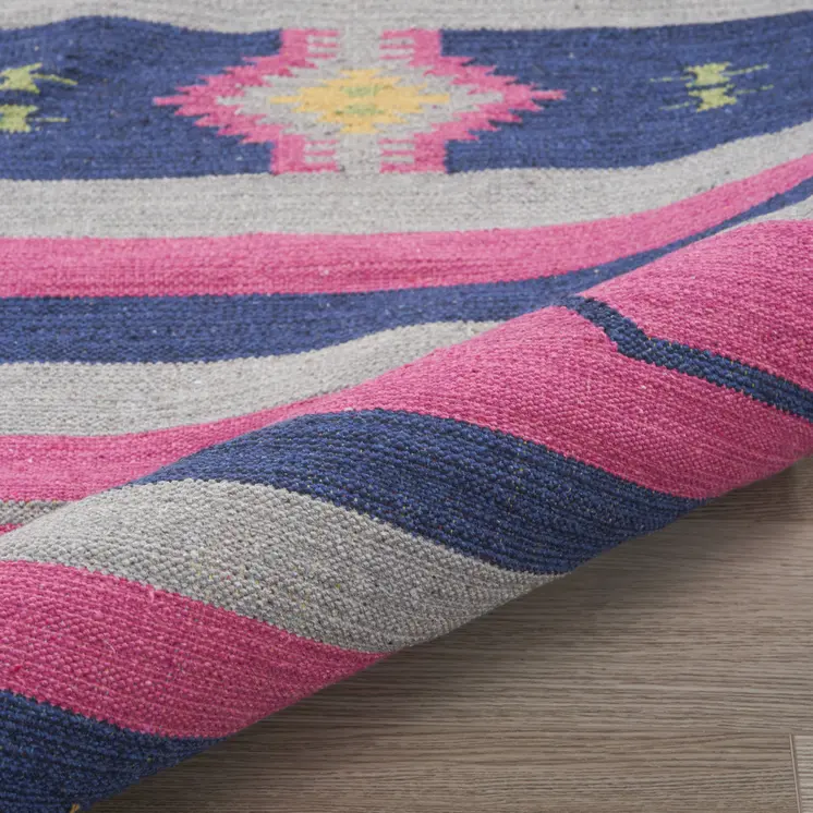 8' X 10' Pink and Blue Southwestern Handmade Area Rug With Fringe