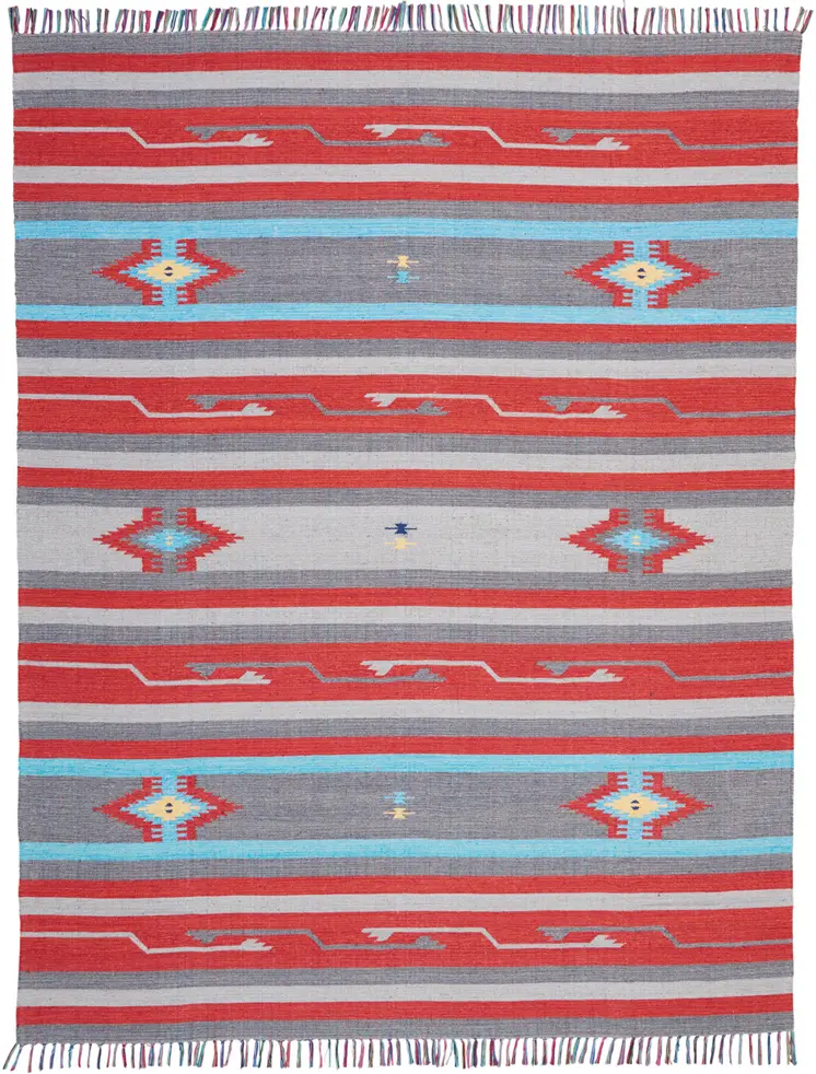 8' X 10' Gray and Red Southwestern Handmade Area Rug With Fringe