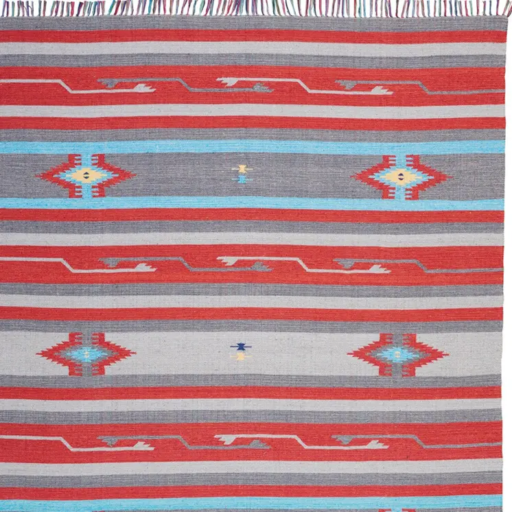 8' X 10' Gray and Red Southwestern Handmade Area Rug With Fringe