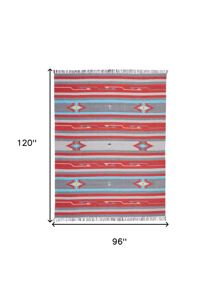 8' X 10' Gray and Red Southwestern Handmade Area Rug With Fringe