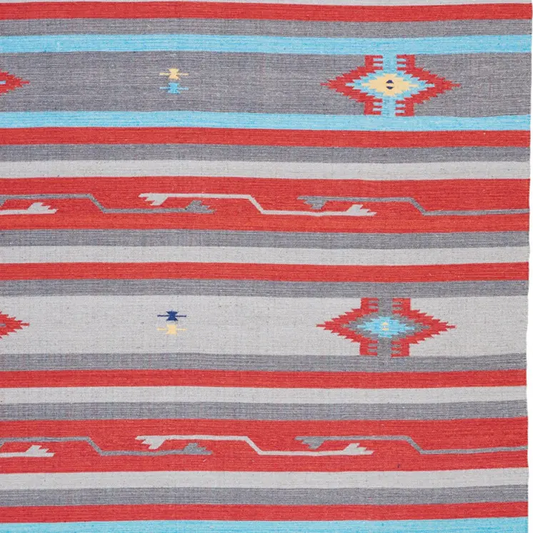 8' X 10' Gray and Red Southwestern Handmade Area Rug With Fringe