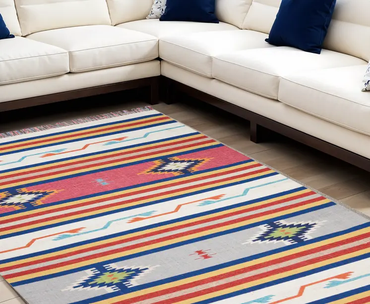 7' X 10' Ivory Southwestern Handmade Area Rug With Fringe