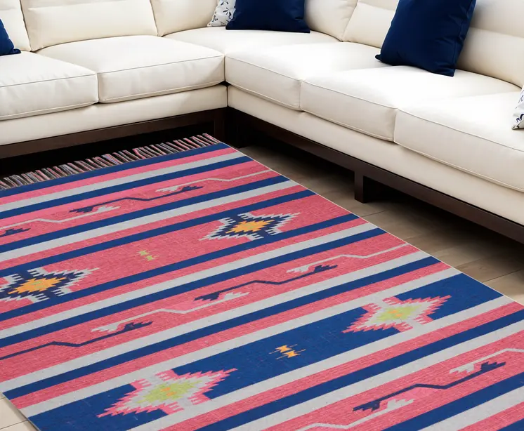7' X 10' Pink and Blue Southwestern Handmade Area Rug With Fringe