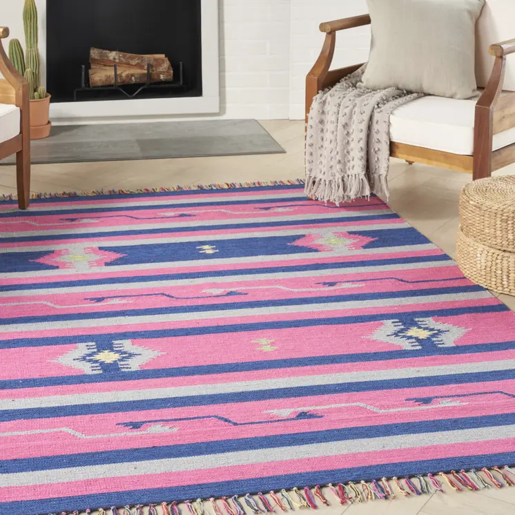 7' X 10' Pink and Blue Southwestern Handmade Area Rug With Fringe